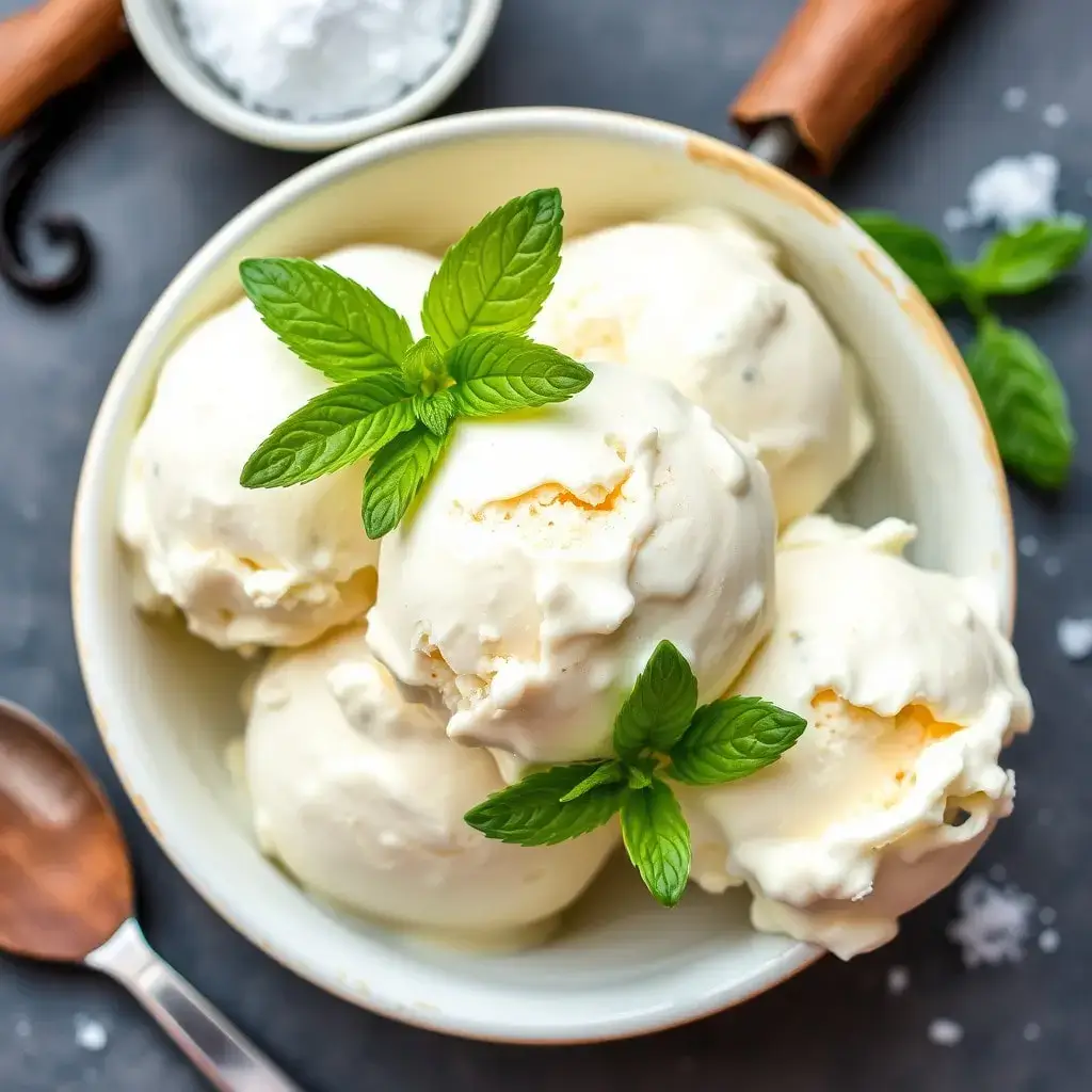 Creamy vanilla bean ice cream with mint garnish and vanilla pod.