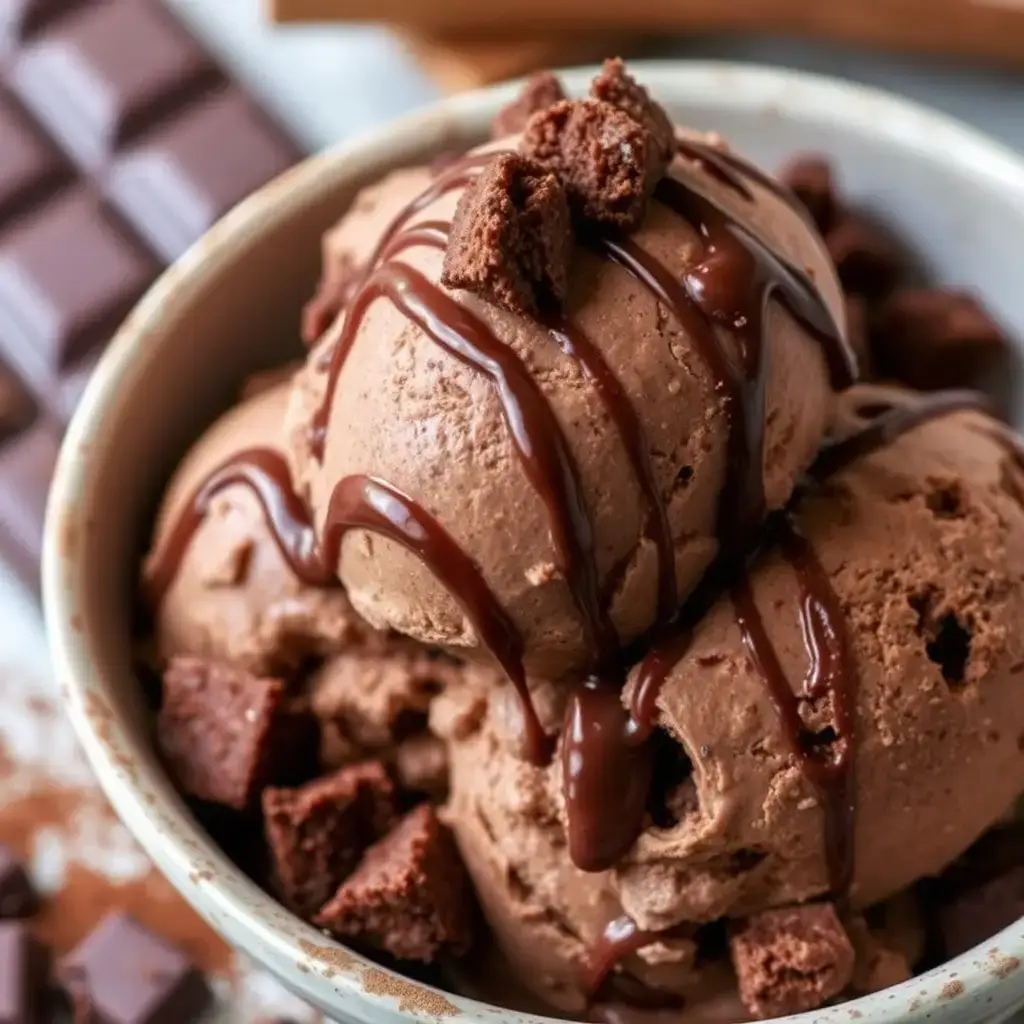 Decadent chocolate fudge brownie ice cream with chunks and chocolate sauce.