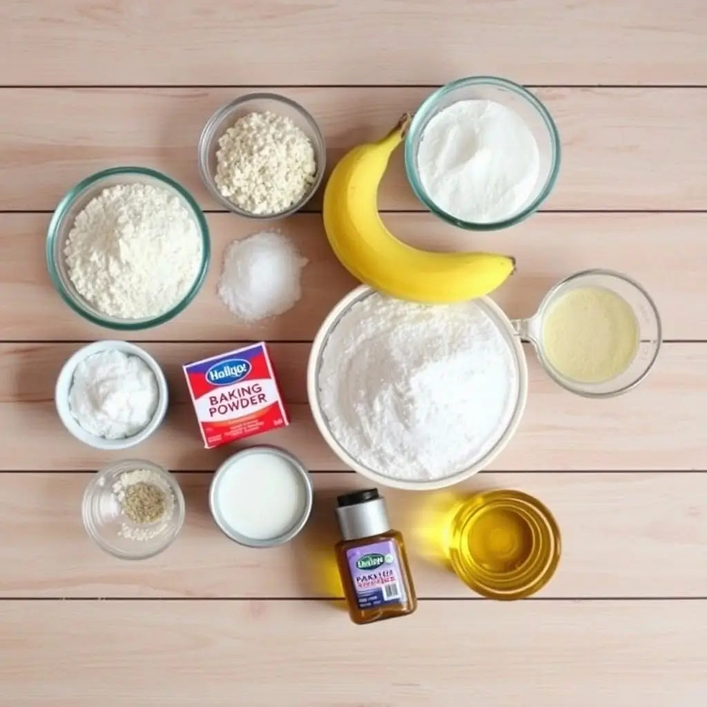 Ingredients for eggless pancakes displayed on a wooden table.