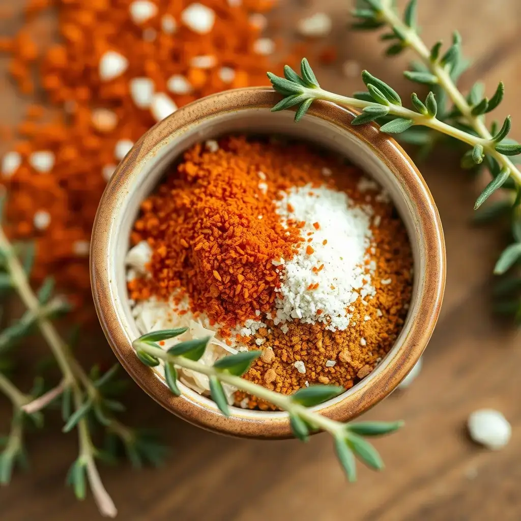 A close-up view of a zesty seasoning mix made from paprika, cayenne, garlic, onion powder, oregano, and thyme.