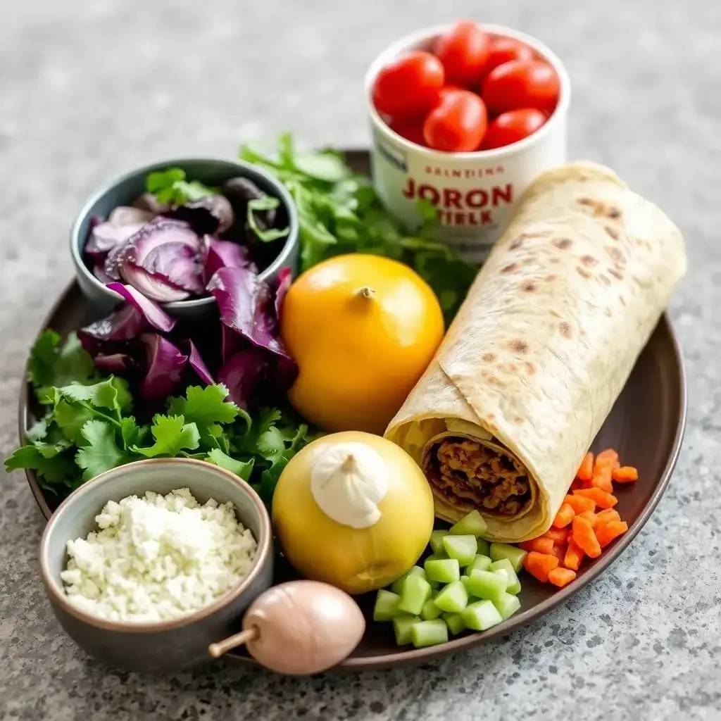 ngredients for steak burrito laid out on wooden cutting board, including flank steak, tortillas, rice, beans, vegetables, and cheese