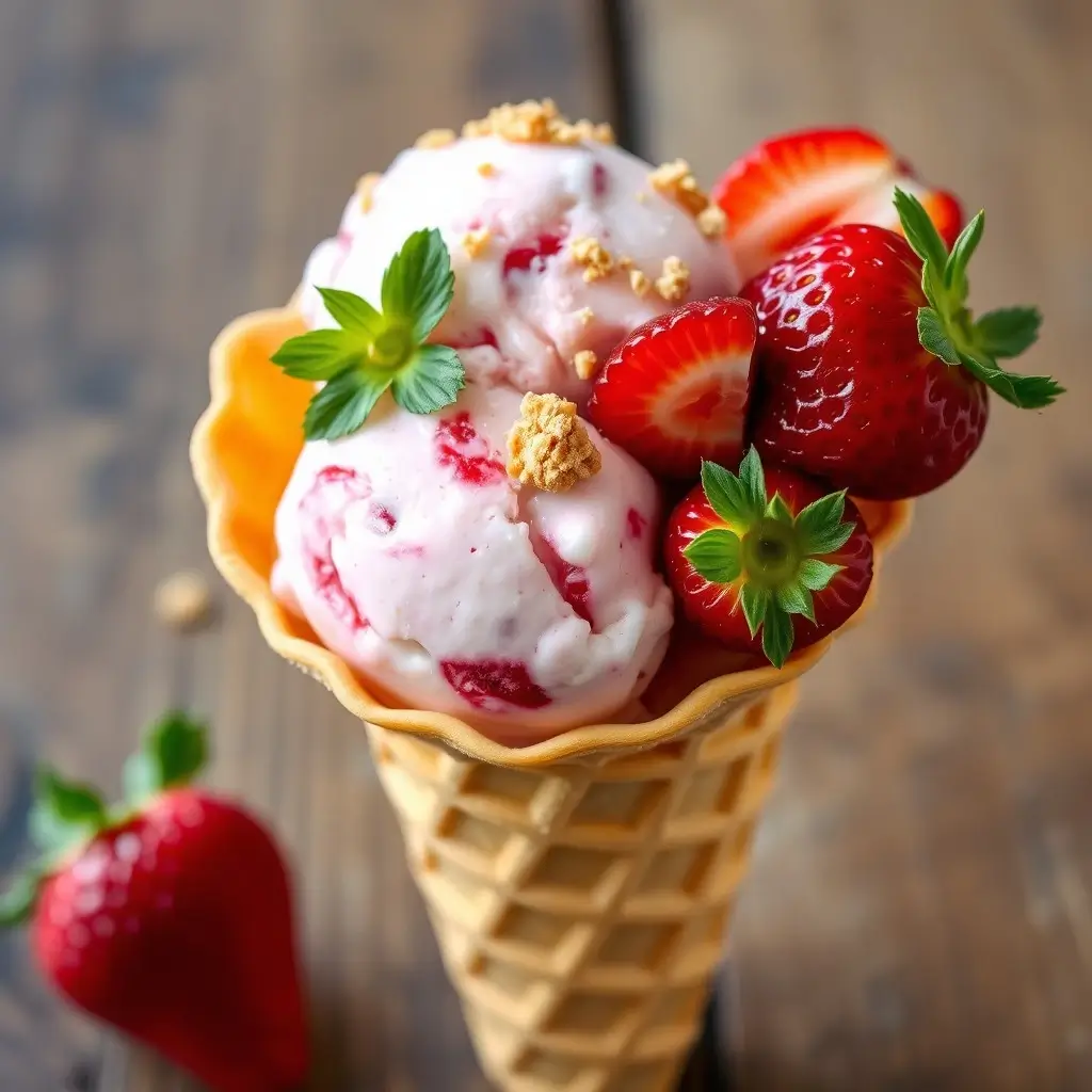 Strawberry cheesecake ice cream in a waffle cone, topped with strawberries.