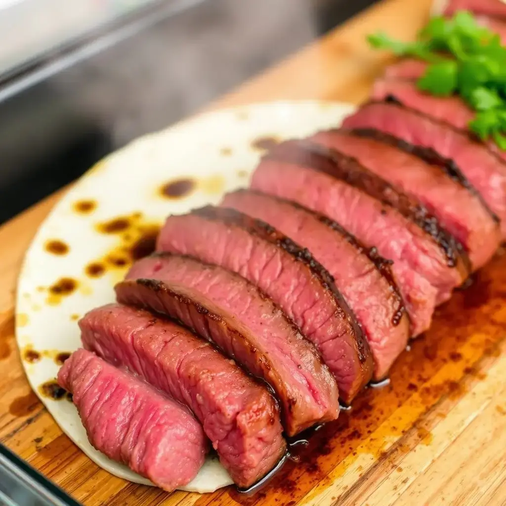 Marinated flank steak sizzling on a hot grill, showing nice char marks