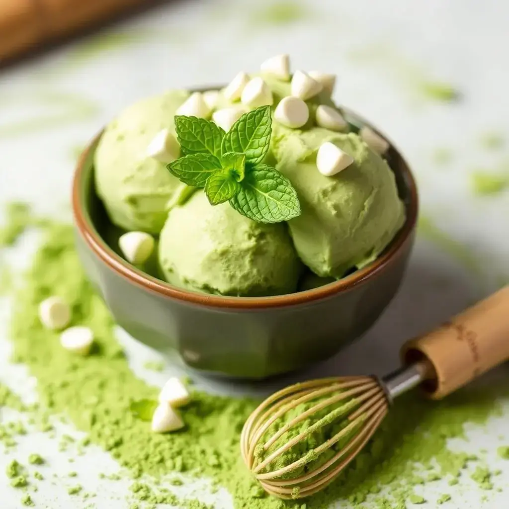 Matcha green tea ice cream with white chocolate chips and mint.