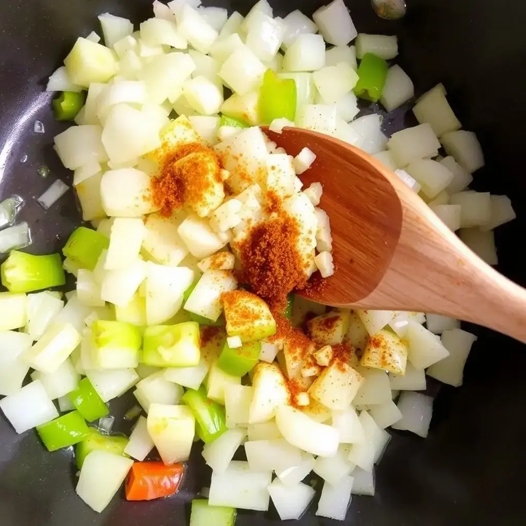 Onions and bell peppers sautéing in butter in a pan, with spices being added for the spicy cream sauce.