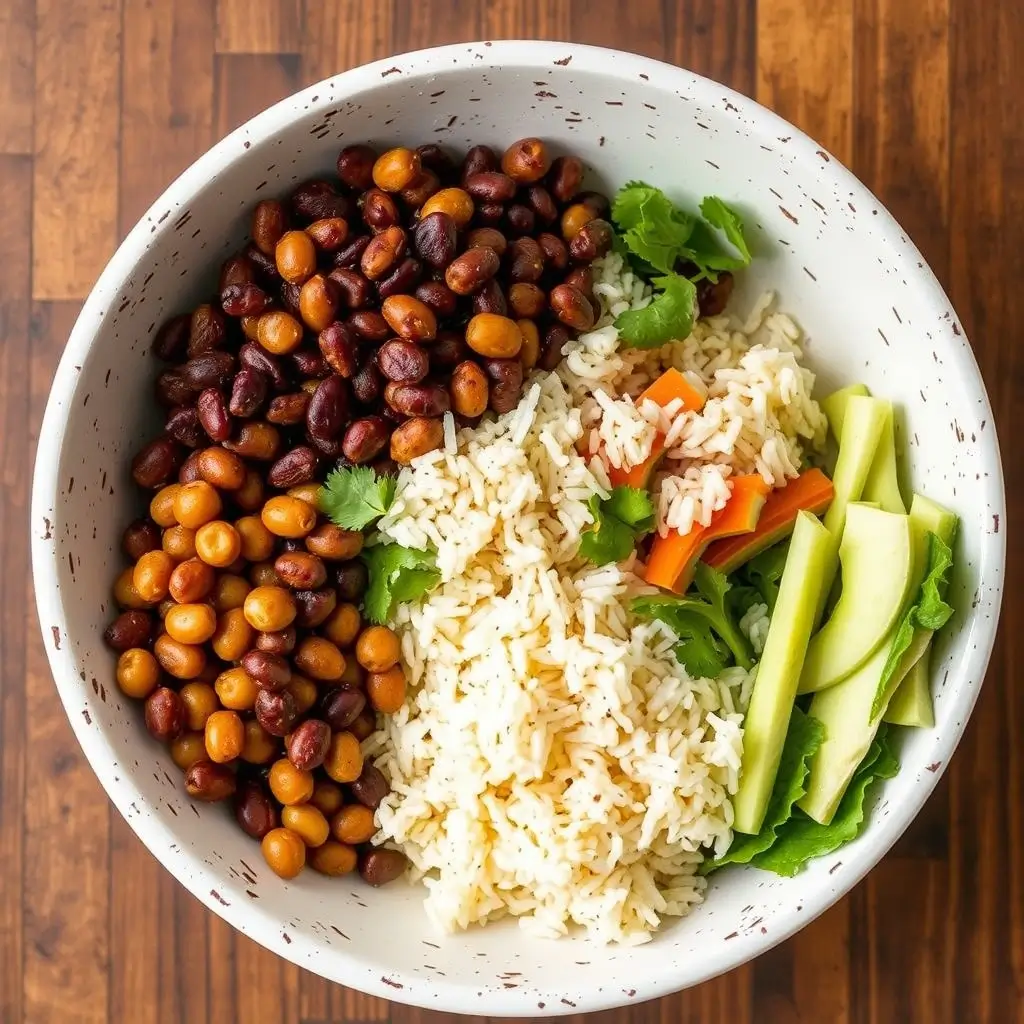 Colorful array of burrito fillings in separate bowls, including seasoned rice, black beans, diced tomatoes, and sliced avocado