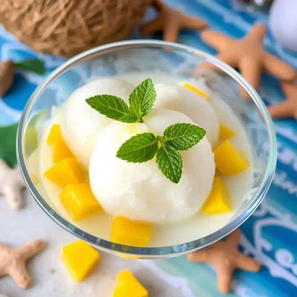 Coconut milk mango sorbet garnished with fresh mint and diced mango.