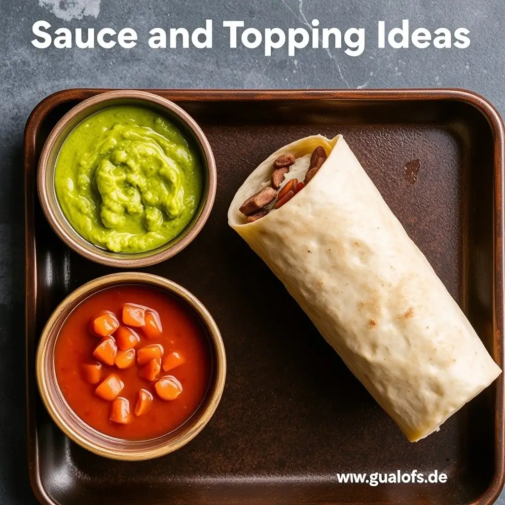 Selection of burrito toppings including fresh salsa, guacamole, sour cream, and shredded cheese in small bowls