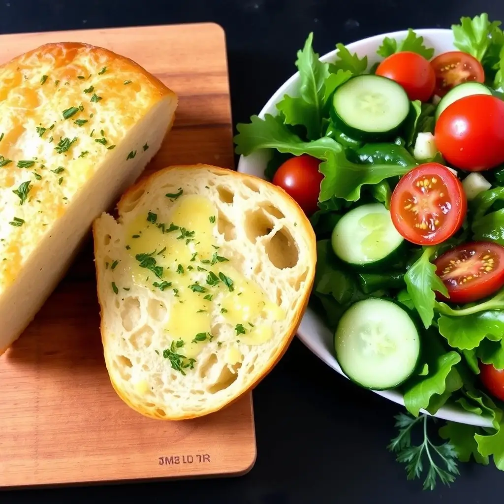 Garlic bread and a crisp green salad with vinaigrette dressing, perfect side dishes for spicy creamy pasta.