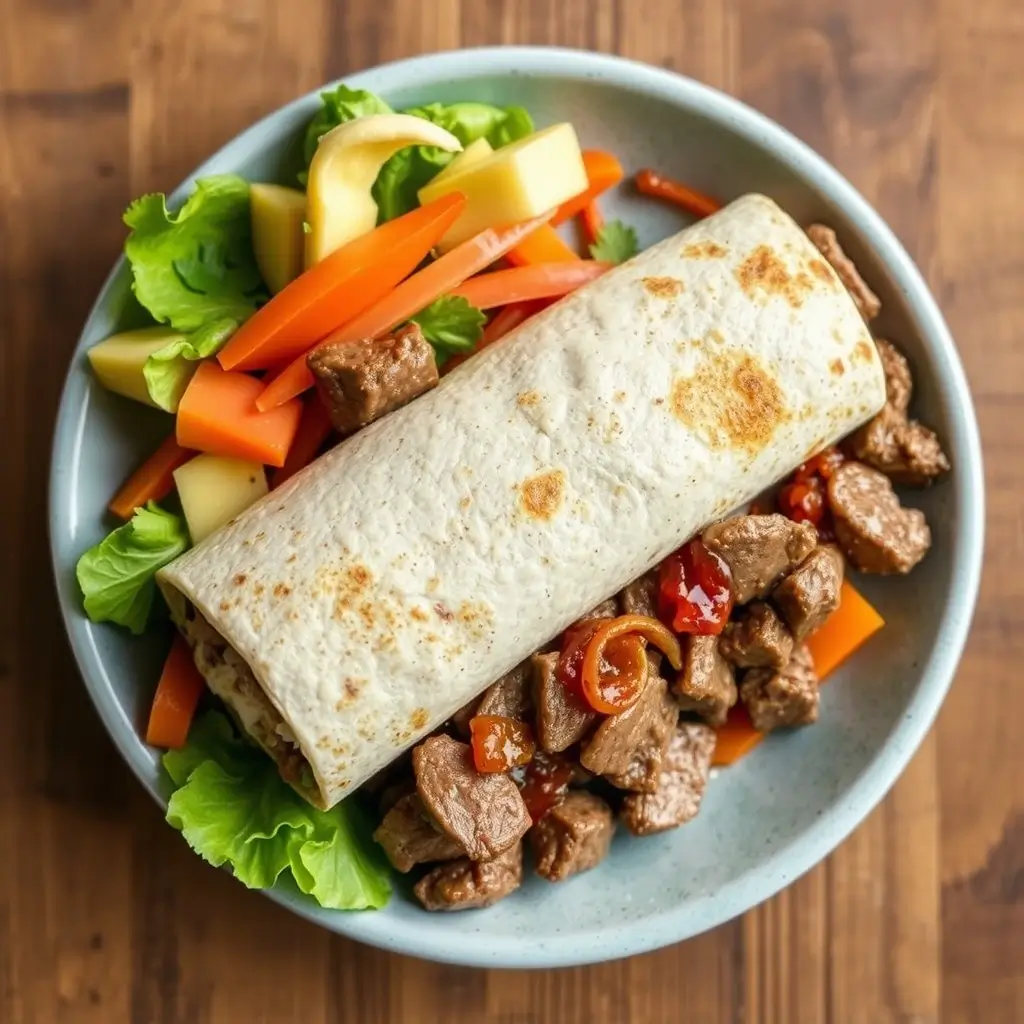 Infographic showing nutritional breakdown of a typical steak burrito, with charts for calories, protein, carbs, and fat