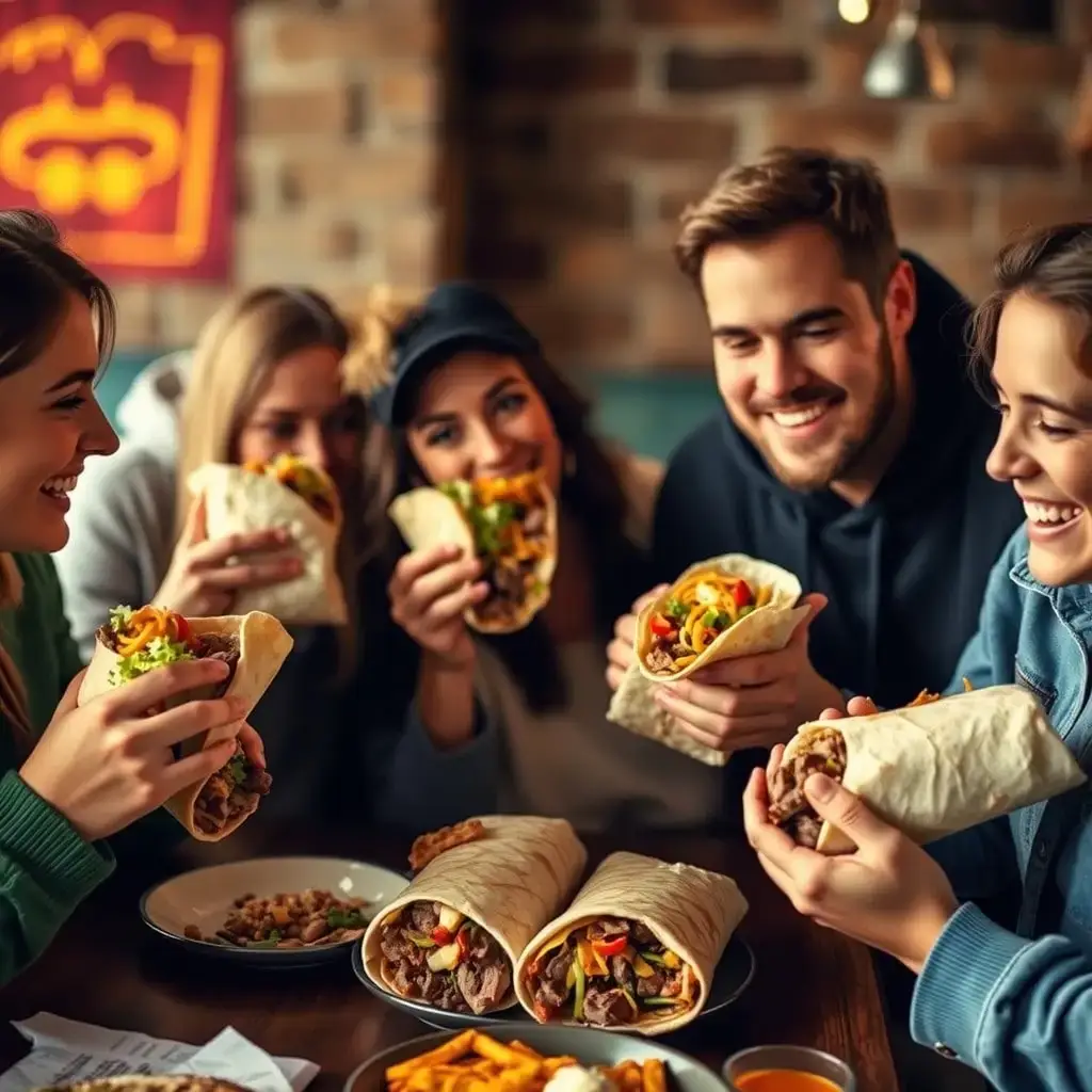 Group of friends laughing and enjoying homemade steak burritos at a casual dinner gathering