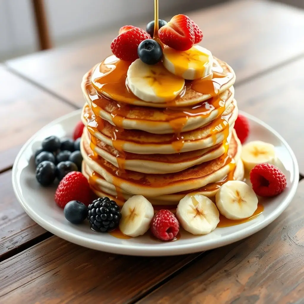 A delectable stack of fluffy eggless pancakes with syrup and fruit, representing a perfect breakfast conclusion.