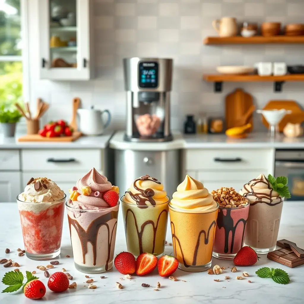 A colorful flat lay of homemade ice cream flavors in pints with toppings, featuring a Ninja Creami machine and fresh ingredients in the background.