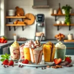 A colorful flat lay of homemade ice cream flavors in pints with toppings, featuring a Ninja Creami machine and fresh ingredients in the background.