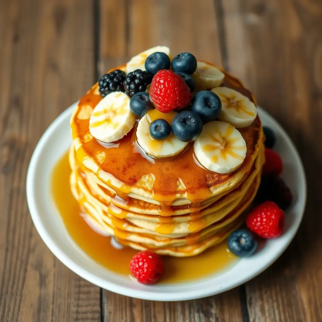 Delicious stack of fluffy eggless pancakes topped with syrup and fruit.