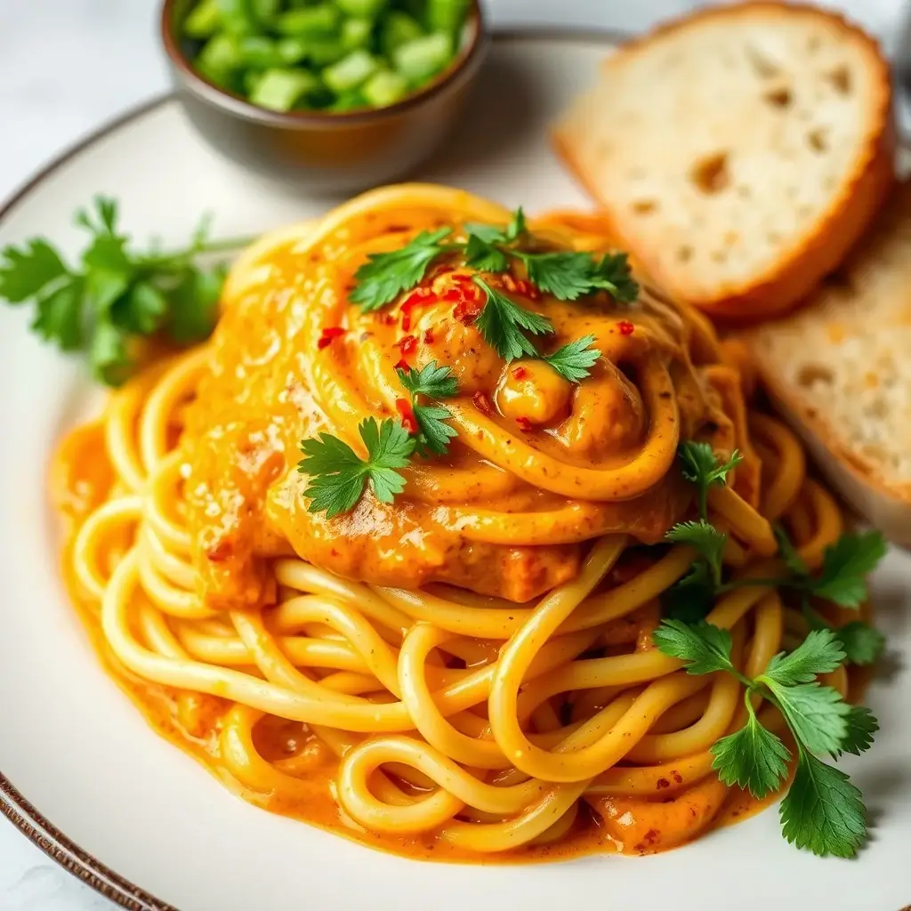 A finished dish of spicy creamy pasta topped with parsley, served with a green salad and garlic bread.