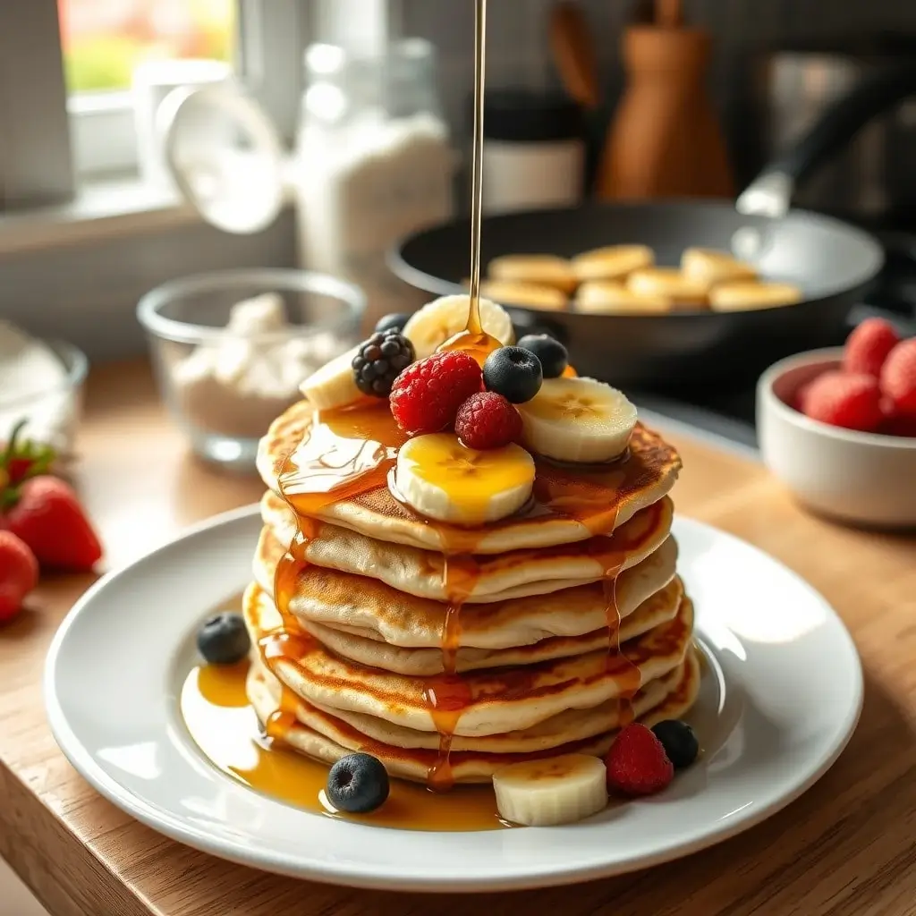 A cozy kitchen scene with fluffy eggless pancakes topped with syrup and fresh fruits, representing the joy of homemade breakfast.