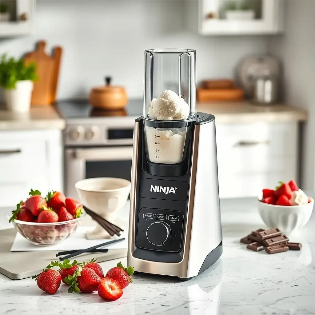 Ninja Creami machine on a kitchen countertop with fresh ingredients for ice cream recipes