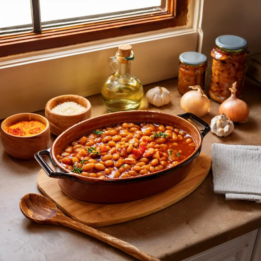 Homemade Baked Beans in a Rustic Kitchen Setting